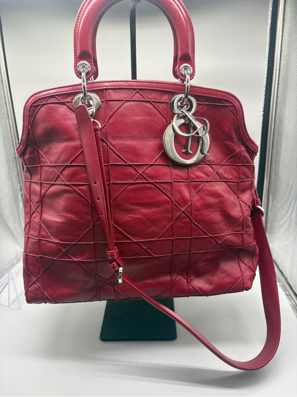 Christian Dior Medium Granville Cannage Red Leather 2-Way Tote Bag